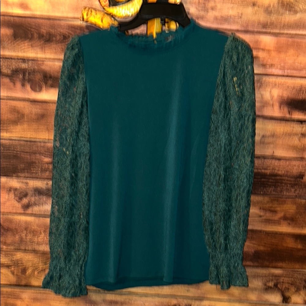 Adrianna Papell Hunter Green Dress Blouse with Lace Detail